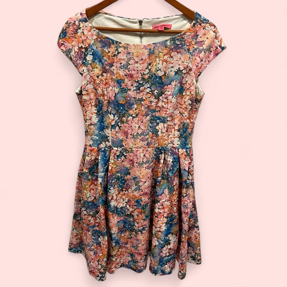 Floral Fit-and-Flare Dress in Pink and Blue